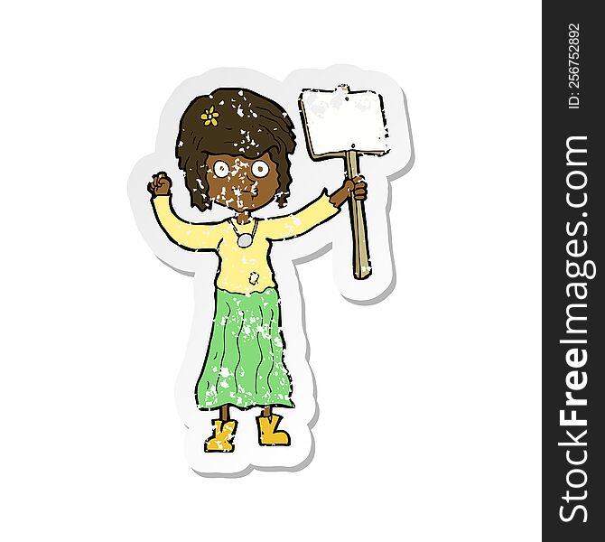 retro distressed sticker of a cartoon hippie girl with protest sign