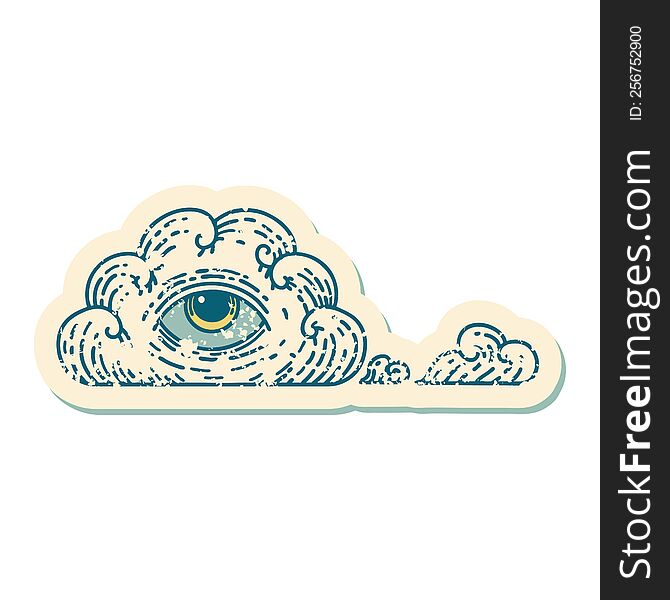 iconic distressed sticker tattoo style image of an all seeing eye cloud. iconic distressed sticker tattoo style image of an all seeing eye cloud