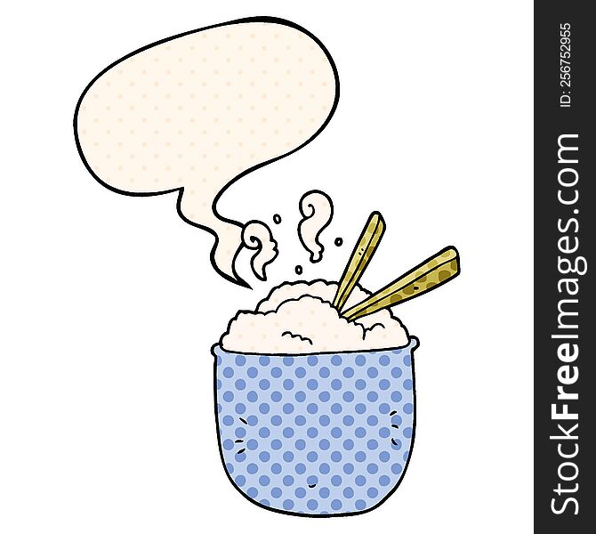 Cartoon Bowl Of Rice And Speech Bubble In Comic Book Style