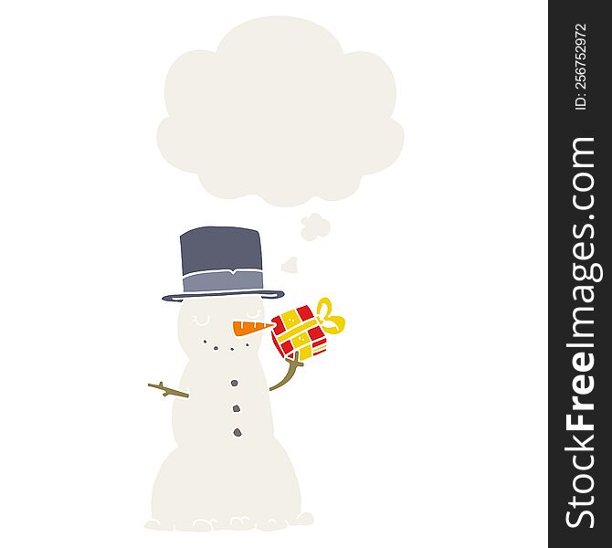 cartoon christmas snowman with thought bubble in retro style