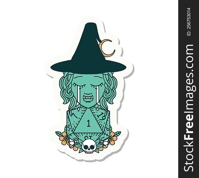 sticker of a sad half orc witch character with natural one D20 roll. sticker of a sad half orc witch character with natural one D20 roll