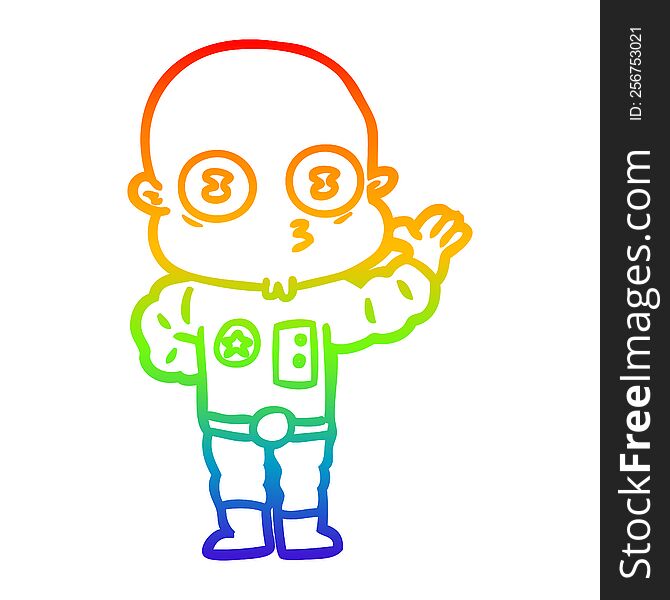 Rainbow Gradient Line Drawing Waving Weird Bald Spaceman