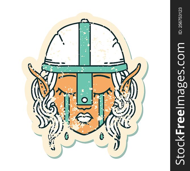 Retro Tattoo Style crying elven fighter character face. Retro Tattoo Style crying elven fighter character face