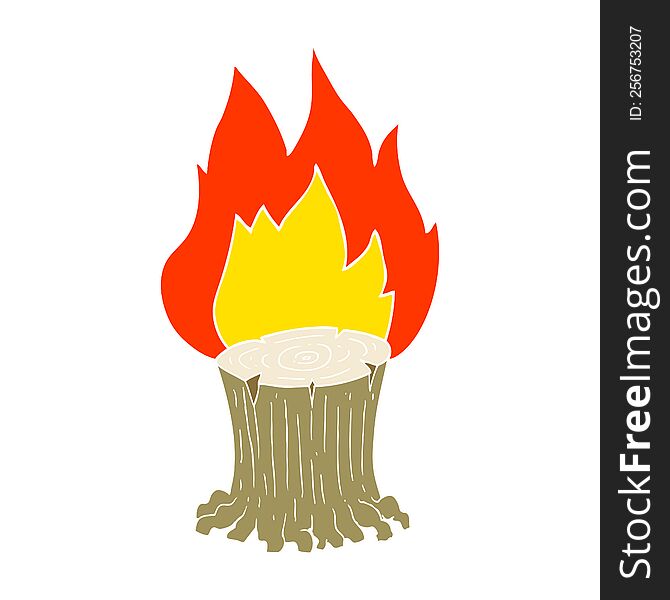 flat color illustration of a cartoon big tree stump on fire