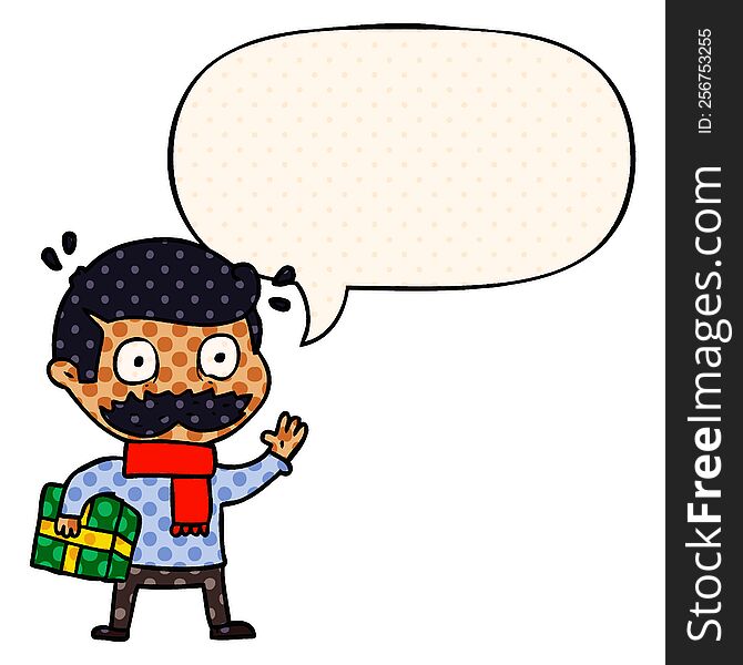 cartoon man with mustache and christmas present with speech bubble in comic book style. cartoon man with mustache and christmas present with speech bubble in comic book style