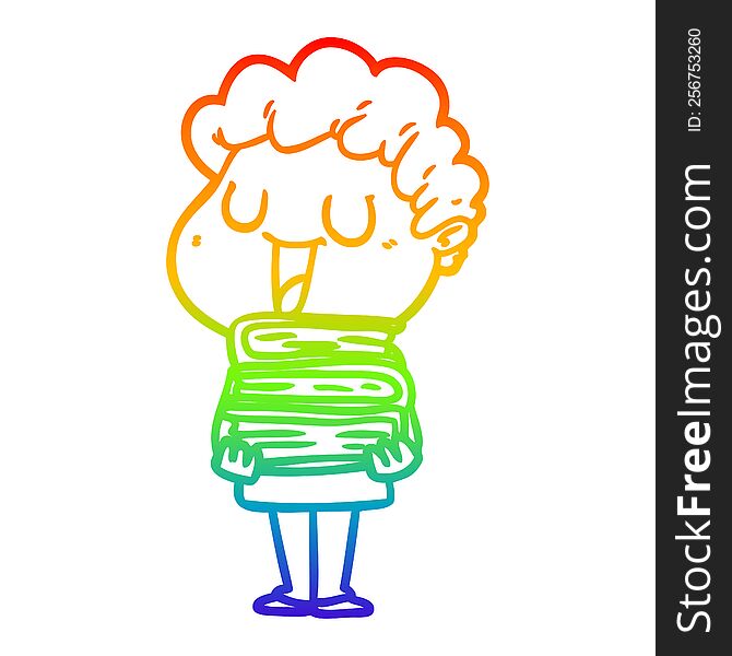 rainbow gradient line drawing of a laughing cartoon man with books