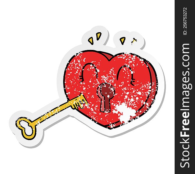 distressed sticker of a cartoon heart with key