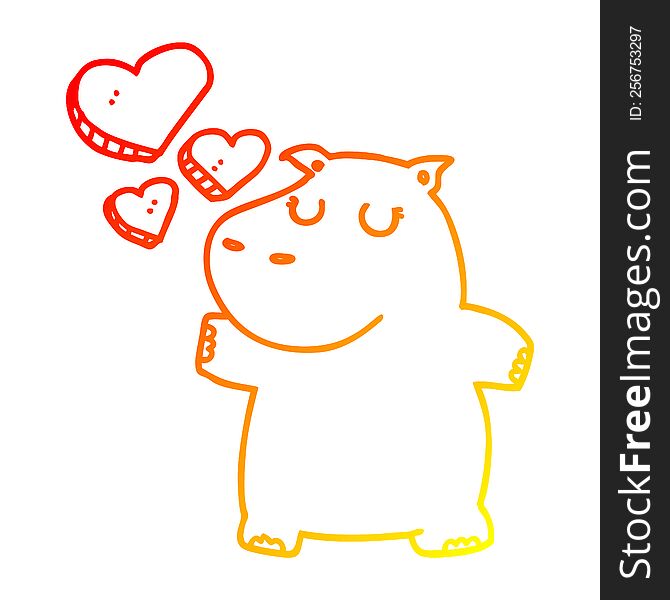 warm gradient line drawing of a cartoon hippo in love