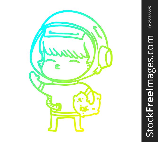 cold gradient line drawing of a cartoon curious astronaut carrying space rock