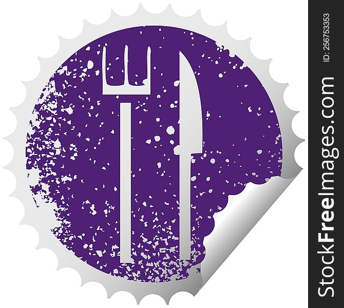 distressed circular peeling sticker symbol of a knife and fork