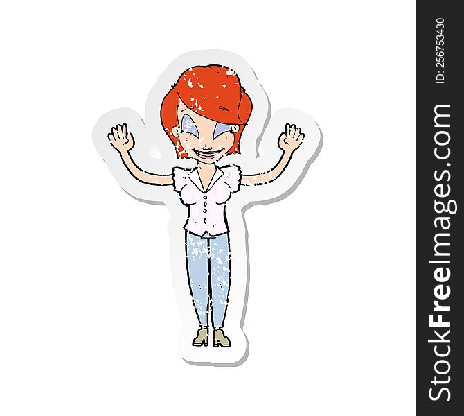 Retro Distressed Sticker Of A Cartoon Pretty Woman With Hands In Air