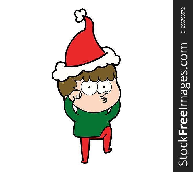 Line Drawing Of A Curious Boy Rubbing Eyes In Disbelief Wearing Santa Hat