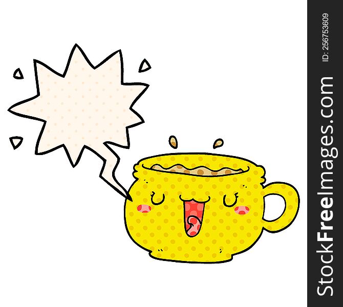 cute cartoon coffee cup with speech bubble in comic book style
