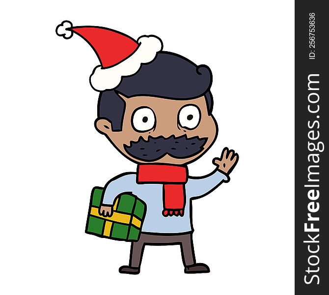 hand drawn line drawing of a man with mustache and christmas present wearing santa hat