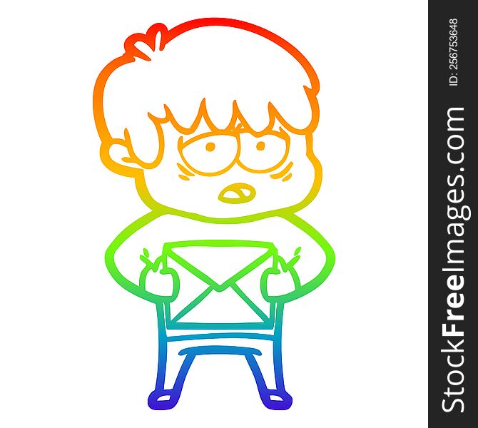 Rainbow Gradient Line Drawing Cartoon Exhausted Boy With Letter
