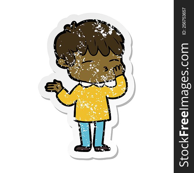 Distressed Sticker Of A Cartoon Curious Boy