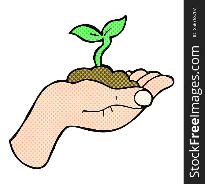 freehand drawn cartoon seedling growing held in hand