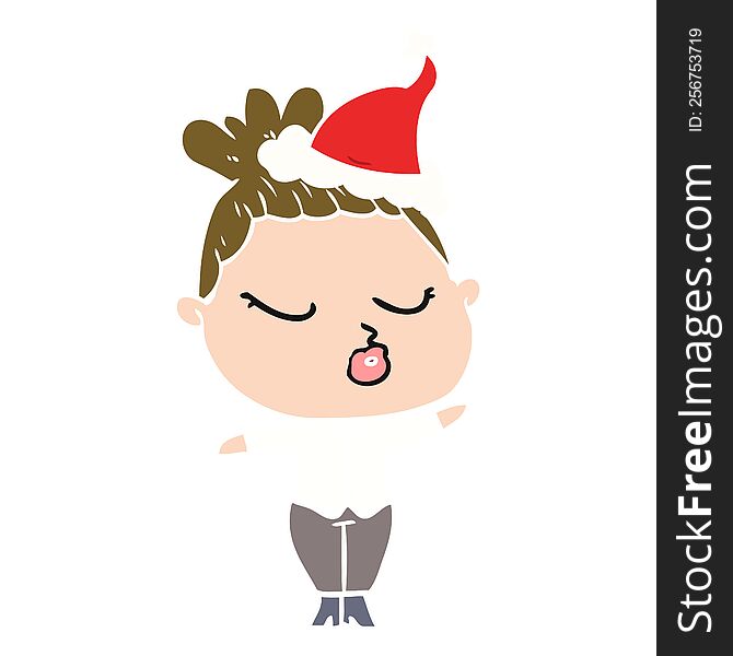 hand drawn flat color illustration of a calm woman wearing santa hat