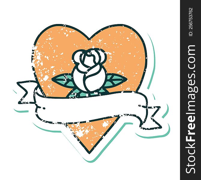 iconic distressed sticker tattoo style image of a heart rose and banner. iconic distressed sticker tattoo style image of a heart rose and banner