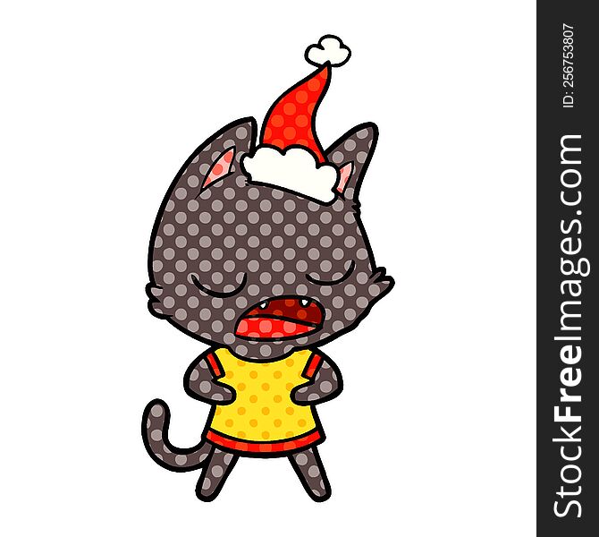 Talking Cat Comic Book Style Illustration Of A Wearing Santa Hat