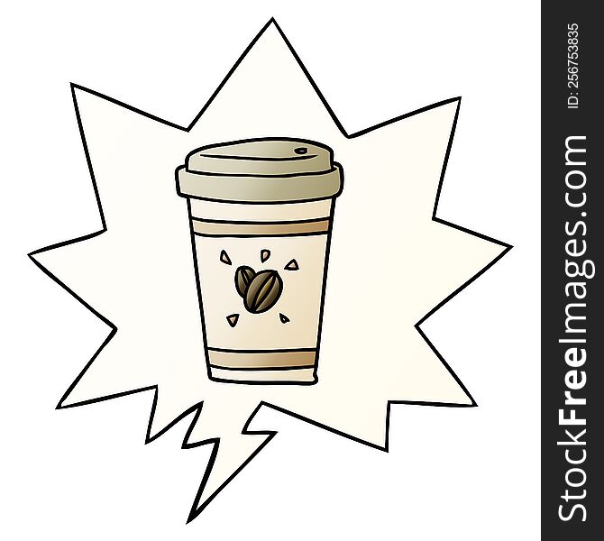 cartoon cup of takeout coffee with speech bubble in smooth gradient style