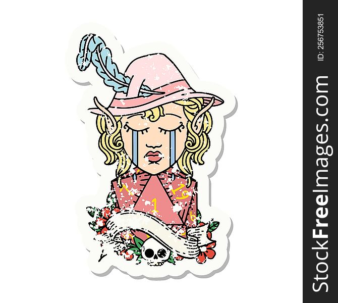grunge sticker of a crying elf bard character face with natural one d20 dice roll. grunge sticker of a crying elf bard character face with natural one d20 dice roll