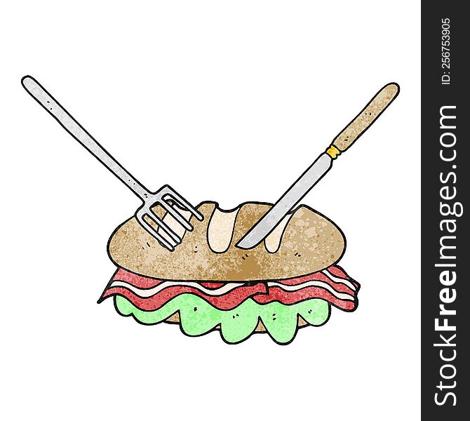 freehand drawn texture cartoon knife and fork cutting huge sandwich