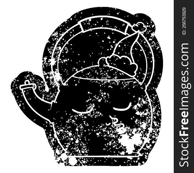 quirky cartoon distressed icon of a kettle wearing santa hat