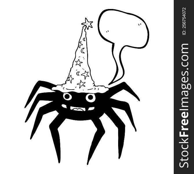 freehand drawn speech bubble cartoon halloween spider in witch hat
