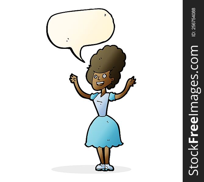 cartoon happy 1950 s woman with speech bubble