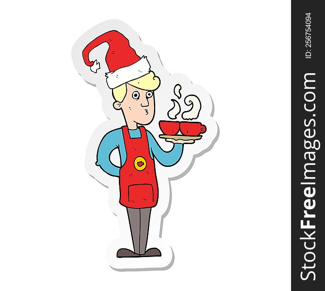 Sticker Of A Cartoon Barista Serving Coffee At Christmas