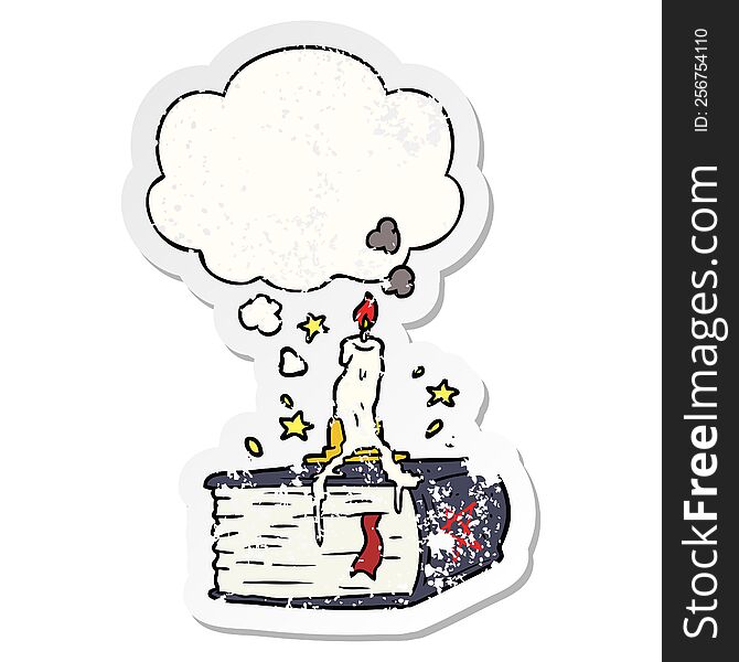 cartoon spooky spellbook with thought bubble as a distressed worn sticker