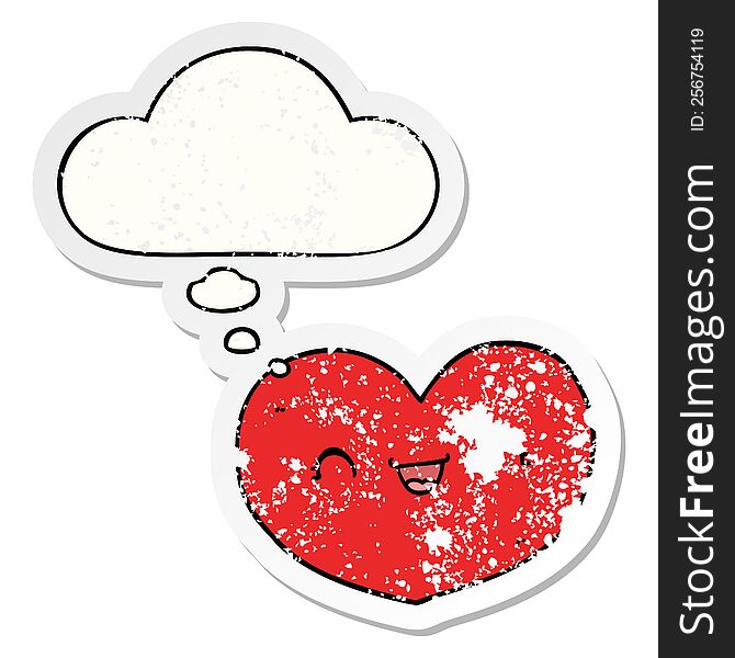 Cartoon Love Heart And Thought Bubble As A Distressed Worn Sticker