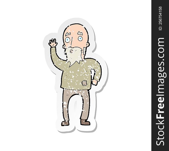 Retro Distressed Sticker Of A Cartoon Old Man Waving