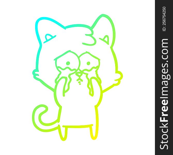 cold gradient line drawing of a cartoon crying cat