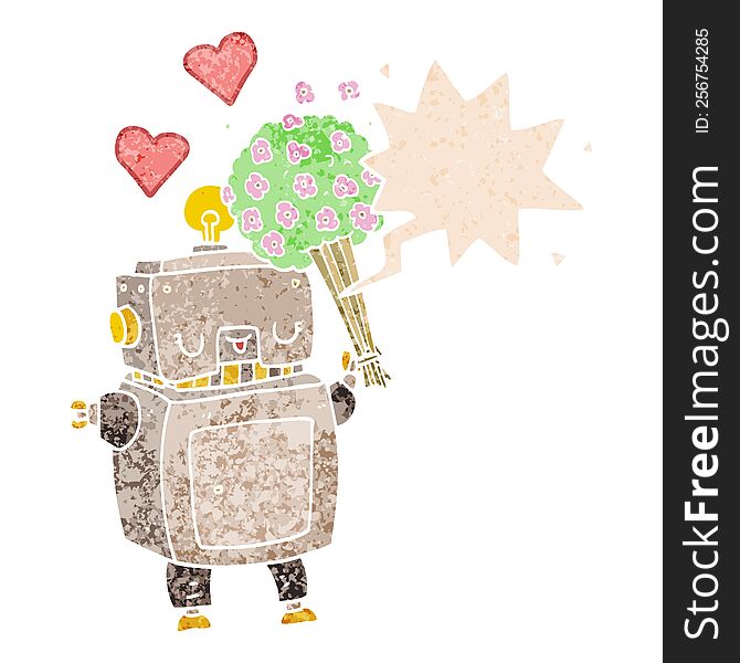 Cartoon Robot In Love And Speech Bubble In Retro Textured Style