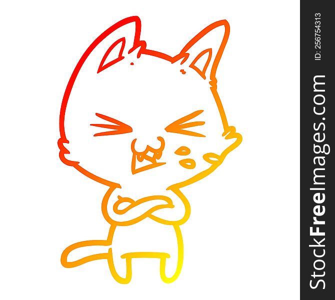 Warm Gradient Line Drawing Cartoon Cat With Crossed Arms