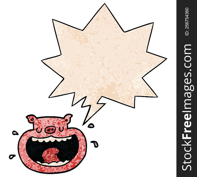 cartoon obnoxious pig with speech bubble in retro texture style