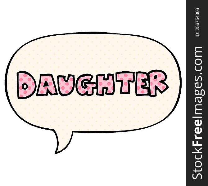 cartoon word daughter with speech bubble in comic book style