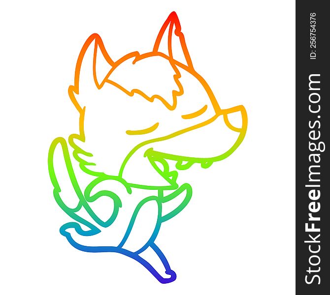 Rainbow Gradient Line Drawing Cartoon Running Wolf Laughing