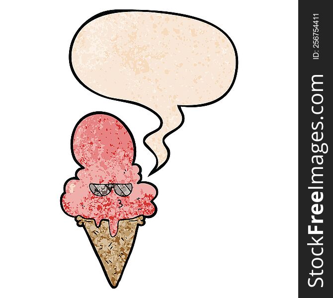 Cartoon Cool Ice Cream And Speech Bubble In Retro Texture Style