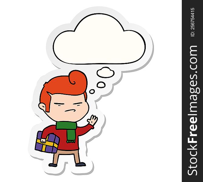 cartoon cool guy with fashion hair cut with thought bubble as a printed sticker