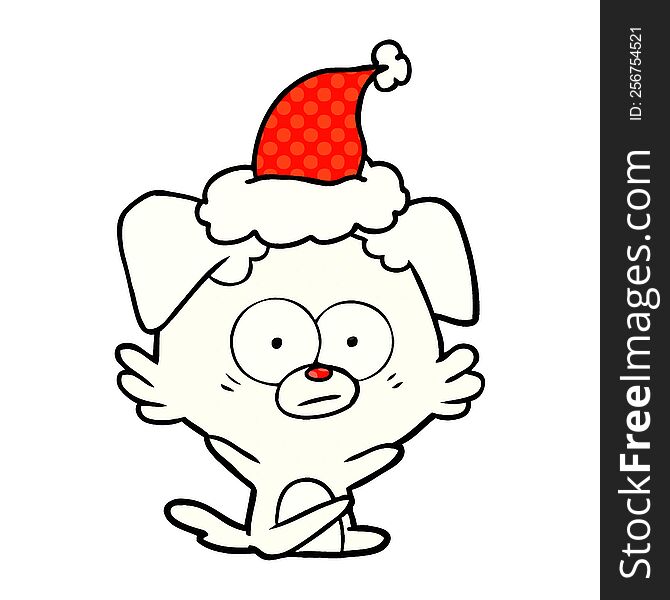 nervous dog hand drawn comic book style illustration of a wearing santa hat