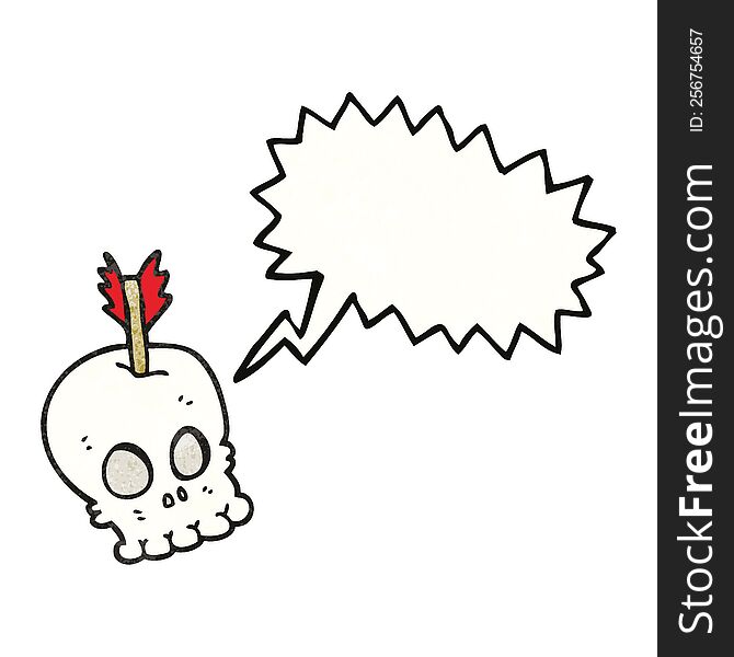 speech bubble textured cartoon skull with arrow