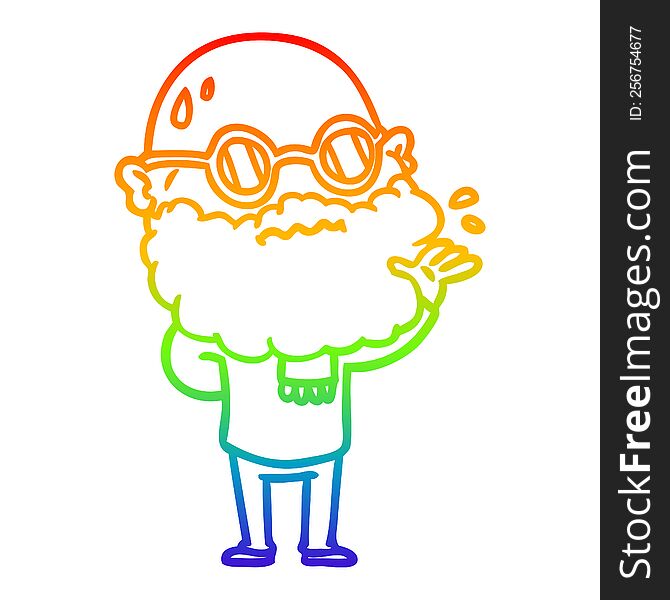 rainbow gradient line drawing cartoon worried man with beard and spectacles