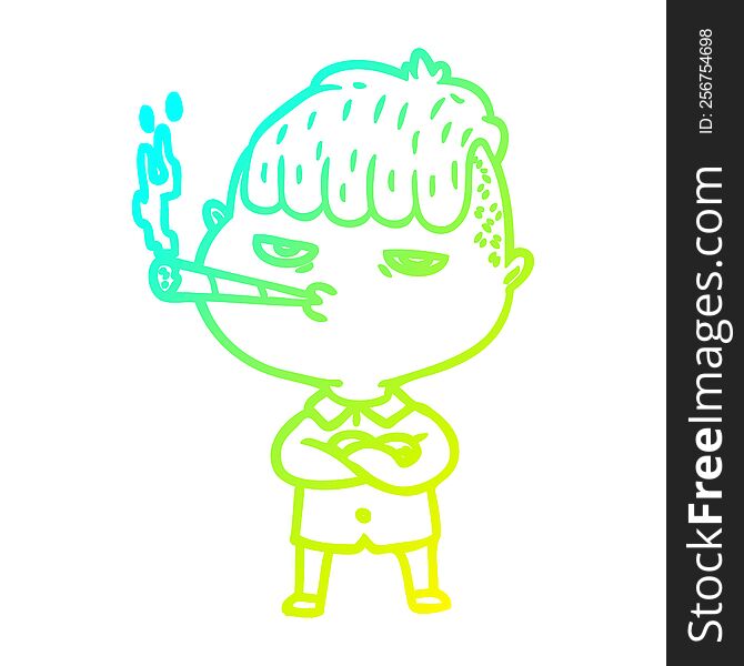 cold gradient line drawing of a cartoon man smoking