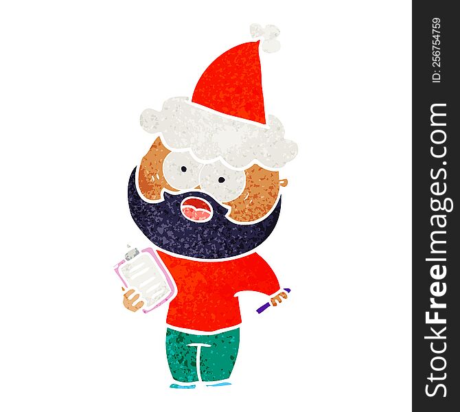 hand drawn retro cartoon of a bearded man with clipboard and pen wearing santa hat