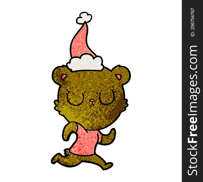 peaceful hand drawn textured cartoon of a bear running wearing santa hat. peaceful hand drawn textured cartoon of a bear running wearing santa hat