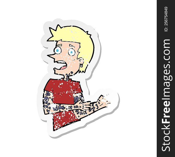 retro distressed sticker of a cartoon man with tattoos