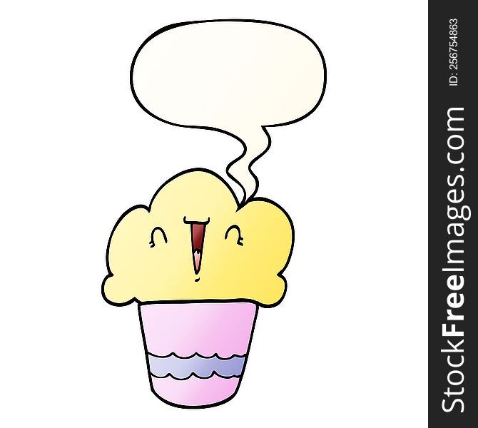 Cartoon Cupcake And Face And Speech Bubble In Smooth Gradient Style